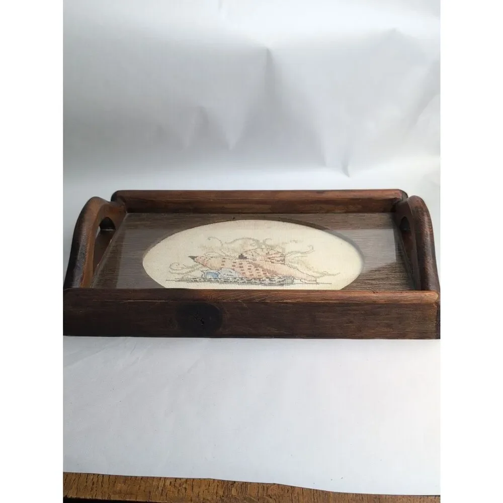 Coastal Seashell Cross-stitch Wood Serving Tray Vintage Cottage